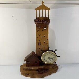 Vintage Wood Carved Lighthouse Clock Ship Wheel Nautical Coastal Collectable